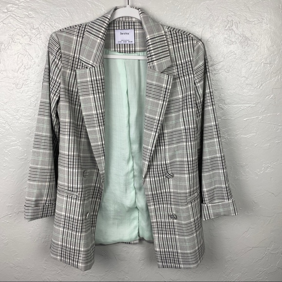 ASOS Bershka black/mint plaid blazer size Med, fits like small - Picture 3 of 10